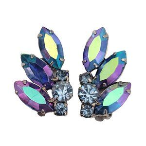Blue AB Navette Rhinestones Leaf Clip-On Earrings K148